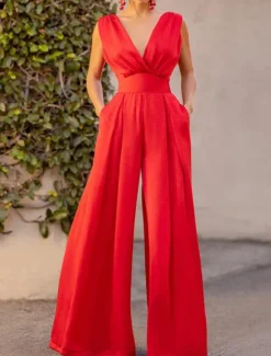 Online Women's Jumpsuit Pocket Solid Color V Neck Stylish Work Wide Leg Slim Sleeveless Summer Women Jumpsuits