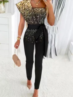 Discount Women's Jumpsuit Print Gradient One Shoulder Streetwear Wedding Party Disco Regular Fit Short Sleeve S M L Summer Women Jumpsuits