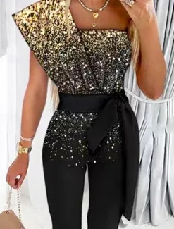Discount Women's Jumpsuit Print Gradient One Shoulder Streetwear Wedding Party Disco Regular Fit Short Sleeve S M L Summer Women Jumpsuits