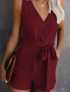 Women's Jumpsuit Sleeveless V-Neck Button Front Tie Waist Solid Color Linen-Like Casual Elegant Summer Spring One-Piece Outfit Women Rompers