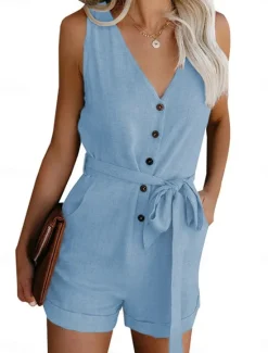 Women's Jumpsuit Sleeveless V-Neck Button Front Tie Waist Solid Color Linen-Like Casual Elegant Summer Spring One-Piece Outfit Women Rompers