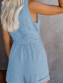 Women's Jumpsuit Sleeveless V-Neck Button Front Tie Waist Solid Color Linen-Like Casual Elegant Summer Spring One-Piece Outfit Women Rompers