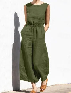 Hot Women's Jumpsuit Solid Color Crew Neck Holiday Work Daily Regular Fit Sleeveless Sleeveless Orange red Amy Green Black S M L Fall Summer Women Jumpsuits