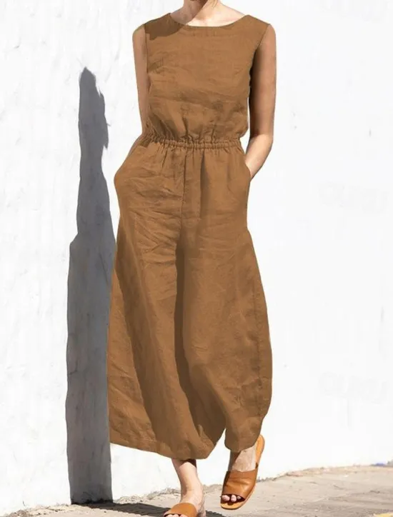 Hot Women's Jumpsuit Solid Color Crew Neck Holiday Work Daily Regular Fit Sleeveless Sleeveless Orange red Amy Green Black S M L Fall Summer Women Jumpsuits