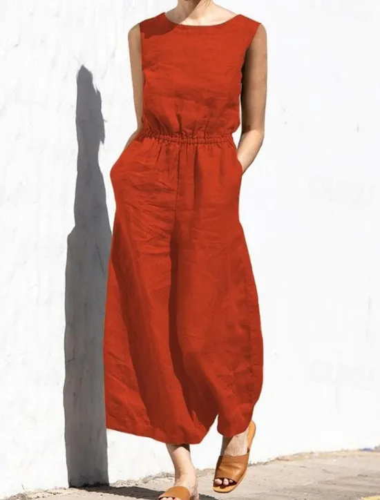 Hot Women's Jumpsuit Solid Color Crew Neck Holiday Work Daily Regular Fit Sleeveless Sleeveless Orange red Amy Green Black S M L Fall Summer Women Jumpsuits