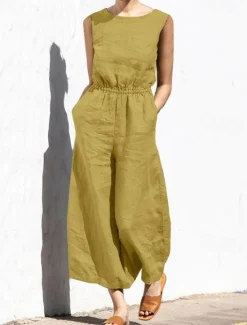Hot Women's Jumpsuit Solid Color Crew Neck Holiday Work Daily Regular Fit Sleeveless Sleeveless Orange red Amy Green Black S M L Fall Summer Women Jumpsuits