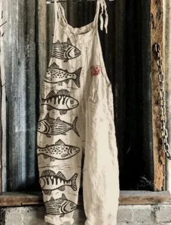 Sale Women's Jumpsuit Vacation Vintage Ethnic Style Full Length Mid Waist Animal Fish Breathability Lightweight Soft Inelastic Causal Casual Daily White Blue Khaki Beige Summer Spring Women Graphic Jumpsuit