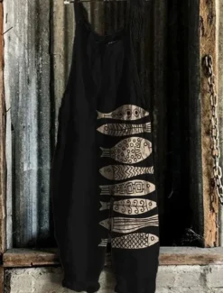 Clearance Women's Jumpsuit Vacation Vintage Ethnic Style Full Length Mid Waist Animal Fish Breathability Lightweight Soft Inelastic Causal Casual Daily Black White Navy Blue Orange Summer Spring Women Graphic Jumpsuit