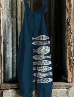 Clearance Women's Jumpsuit Vacation Vintage Ethnic Style Full Length Mid Waist Animal Fish Breathability Lightweight Soft Inelastic Causal Casual Daily Black White Navy Blue Orange Summer Spring Women Graphic Jumpsuit
