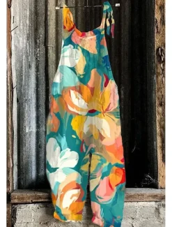 Hot Women's Jumpsuit Vacation Vintage Ethnic Style Full Length Mid Waist Floral Graphic Animal Breathability Lightweight Soft Inelastic Formal Vacation Street Blue Red Green Summer Spring Women Graphic Jumpsuit