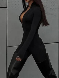 New Women's Jumpsuit Workout Bodysuit Zipper Solid Color Crew Neck Active Street Sport Regular Fit Long Sleeve Brown White S M L Winter Gym Cold Weather Women Bodysuits