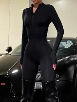 New Women's Jumpsuit Workout Bodysuit Zipper Solid Color Crew Neck Active Street Sport Regular Fit Long Sleeve Brown White S M L Winter Gym Cold Weather Women Bodysuits