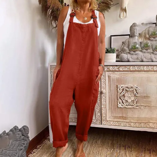 New Women's Jumpsuits Casual Bib Utility Rompers Side Pockets Full Length Pants Weekend Inelastic Plain Faux Linen Comfort Mid Waist Green Black Red S M L XL XXL Summer Fall Dungarees Women Jumpsuits