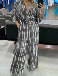 Best Women's Jumpsuits Casual Summer Lace up Pocket Striped V Neck Streetwear Street Daily Regular Fit 3/4 Length Sleeve Green Gray S M L Women Jumpsuits