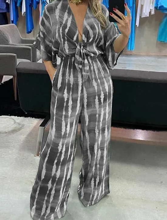 Best Women's Jumpsuits Casual Summer Lace up Pocket Striped V Neck Streetwear Street Daily Regular Fit 3/4 Length Sleeve Green Gray S M L Women Jumpsuits