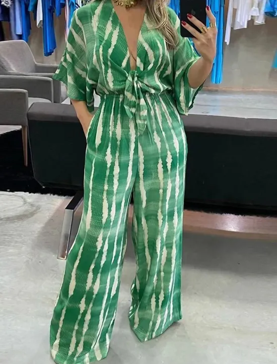 Best Women's Jumpsuits Casual Summer Lace up Pocket Striped V Neck Streetwear Street Daily Regular Fit 3/4 Length Sleeve Green Gray S M L Women Jumpsuits
