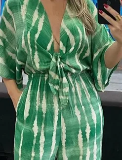 Best Women's Jumpsuits Casual Summer Lace up Pocket Striped V Neck Streetwear Street Daily Regular Fit 3/4 Length Sleeve Green Gray S M L Women Jumpsuits