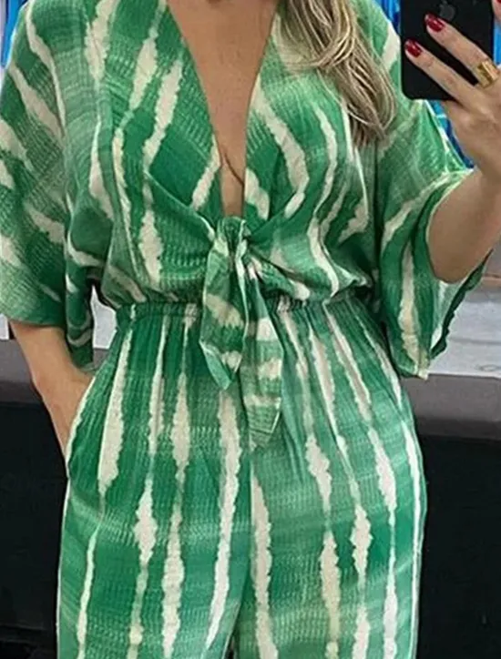 Best Women's Jumpsuits Casual Summer Lace up Pocket Striped V Neck Streetwear Street Daily Regular Fit 3/4 Length Sleeve Green Gray S M L Women Jumpsuits