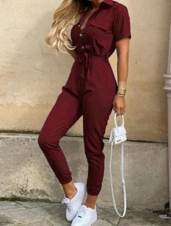 Online Women's Jumpsuits Casual Summer Button Solid Color Shirt Collar Streetwear Daily Vacation Regular Fit Short Sleeve Pink Wine Navy Blue S M L Women Jumpsuits