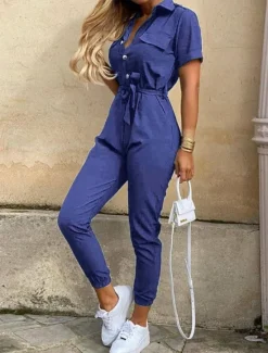 Online Women's Jumpsuits Casual Summer Button Solid Color Shirt Collar Streetwear Daily Vacation Regular Fit Short Sleeve Pink Wine Navy Blue S M L Women Jumpsuits