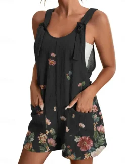 Online Womens Jumpsuits Casual Summer Overall Patch Pocket Print Floral Crew Neck Streetwear Daily Vacation Regular Fit Sleeveless Black White Yellow S M L Women Graphic Jumpsuit