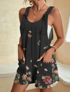 Online Womens Jumpsuits Casual Summer Overall Patch Pocket Print Floral Crew Neck Streetwear Daily Vacation Regular Fit Sleeveless Black White Yellow S M L Women Graphic Jumpsuit