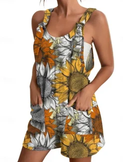 Online Womens Jumpsuits Casual Summer Overall Patch Pocket Print Floral Crew Neck Streetwear Daily Vacation Regular Fit Sleeveless Black White Yellow S M L Women Graphic Jumpsuit