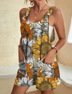 Online Womens Jumpsuits Casual Summer Overall Patch Pocket Print Floral Crew Neck Streetwear Daily Vacation Regular Fit Sleeveless Black White Yellow S M L Women Graphic Jumpsuit