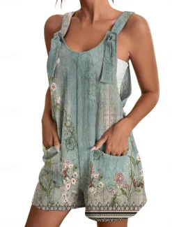 Online Womens Jumpsuits Casual Summer Overall Patch Pocket Print Floral Crew Neck Streetwear Daily Vacation Regular Fit Sleeveless Black White Yellow S M L Women Graphic Jumpsuit
