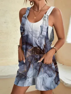 Online Womens Jumpsuits Casual Summer Overall Patch Pocket Print Floral Crew Neck Streetwear Daily Vacation Regular Fit Sleeveless Black White Yellow S M L Women Graphic Jumpsuit