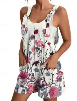 Online Womens Jumpsuits Casual Summer Overall Patch Pocket Print Floral Crew Neck Streetwear Daily Vacation Regular Fit Sleeveless Black White Yellow S M L Women Graphic Jumpsuit