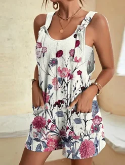 Online Womens Jumpsuits Casual Summer Overall Patch Pocket Print Floral Crew Neck Streetwear Daily Vacation Regular Fit Sleeveless Black White Yellow S M L Women Graphic Jumpsuit
