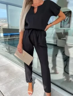 Hot Women's Jumpsuits Casual Summer Lace up High Waist Solid Color Crew Neck Business Office Work Loose Fit Short Sleeve Black Pink Fuchsia S M L Women Jumpsuits