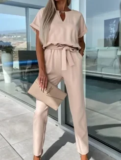 Hot Women's Jumpsuits Casual Summer Lace up High Waist Solid Color Crew Neck Business Office Work Loose Fit Short Sleeve Black Pink Fuchsia S M L Women Jumpsuits