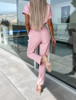 Hot Women's Jumpsuits Casual Summer Lace up High Waist Solid Color Crew Neck Business Office Work Loose Fit Short Sleeve Black Pink Fuchsia S M L Women Jumpsuits
