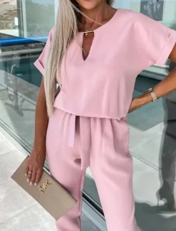 Hot Women's Jumpsuits Casual Summer Lace up High Waist Solid Color Crew Neck Business Office Work Loose Fit Short Sleeve Black Pink Fuchsia S M L Women Jumpsuits