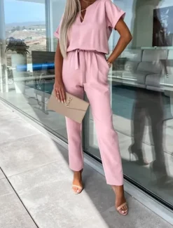 Hot Women's Jumpsuits Casual Summer Lace up High Waist Solid Color Crew Neck Business Office Work Loose Fit Short Sleeve Black Pink Fuchsia S M L Women Jumpsuits