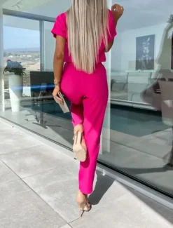 Hot Women's Jumpsuits Casual Summer Lace up High Waist Solid Color Crew Neck Business Office Work Loose Fit Short Sleeve Black Pink Fuchsia S M L Women Jumpsuits