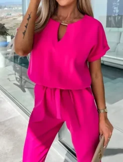 Hot Women's Jumpsuits Casual Summer Lace up High Waist Solid Color Crew Neck Business Office Work Loose Fit Short Sleeve Black Pink Fuchsia S M L Women Jumpsuits