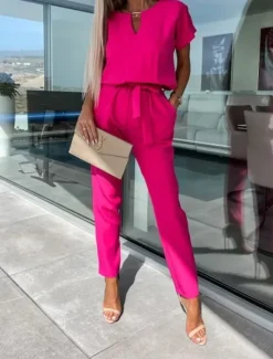 Hot Women's Jumpsuits Casual Summer Lace up High Waist Solid Color Crew Neck Business Office Work Loose Fit Short Sleeve Black Pink Fuchsia S M L Women Jumpsuits