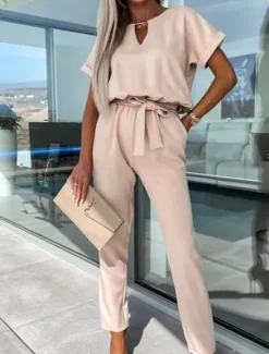 Hot Women's Jumpsuits Casual Summer Lace up High Waist Solid Color Crew Neck Business Office Work Loose Fit Short Sleeve Black Pink Fuchsia S M L Women Jumpsuits