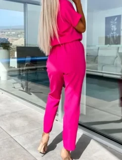 Hot Women's Jumpsuits Casual Summer Lace up High Waist Solid Color Crew Neck Business Office Work Loose Fit Short Sleeve Black Pink Fuchsia S M L Women Jumpsuits