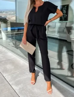 Hot Women's Jumpsuits Casual Summer Lace up High Waist Solid Color Crew Neck Business Office Work Loose Fit Short Sleeve Black Pink Fuchsia S M L Women Jumpsuits