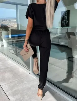 Hot Women's Jumpsuits Casual Summer Lace up High Waist Solid Color Crew Neck Business Office Work Loose Fit Short Sleeve Black Pink Fuchsia S M L Women Jumpsuits