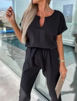 Hot Women's Jumpsuits Casual Summer Lace up High Waist Solid Color Crew Neck Business Office Work Loose Fit Short Sleeve Black Pink Fuchsia S M L Women Jumpsuits