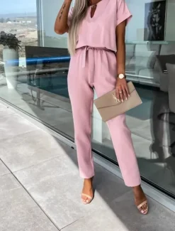 Hot Women's Jumpsuits Casual Summer Lace up High Waist Solid Color Crew Neck Business Office Work Loose Fit Short Sleeve Black Pink Fuchsia S M L Women Jumpsuits