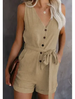 Online Women's Jumpsuits Patch Pocket Casual Summer Romper Solid Color Basic Holiday Daily Wear Regular Fit Sleeveless Wine Blue White S M L Spring Women Rompers