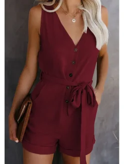 Online Women's Jumpsuits Patch Pocket Casual Summer Romper Solid Color Basic Holiday Daily Wear Regular Fit Sleeveless Wine Blue White S M L Spring Women Rompers