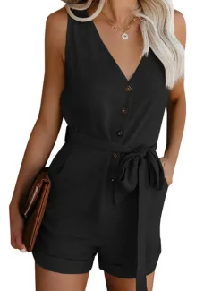 Online Women's Jumpsuits Patch Pocket Casual Summer Romper Solid Color Basic Holiday Daily Wear Regular Fit Sleeveless Wine Blue White S M L Spring Women Rompers