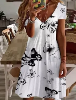 Online Women's Knee Length Dress A Line Dress Stylish Casual Outdoor Winter Dress Vacation Regular Fit Floral Animal Butterfly Long Sleeve V Neck Black White Pink Green Summer Spring Women T Shirt Dresses